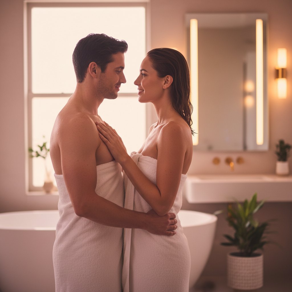 douche couple silencieuse rituel intime - couple tendre dans des serviettes après la douche