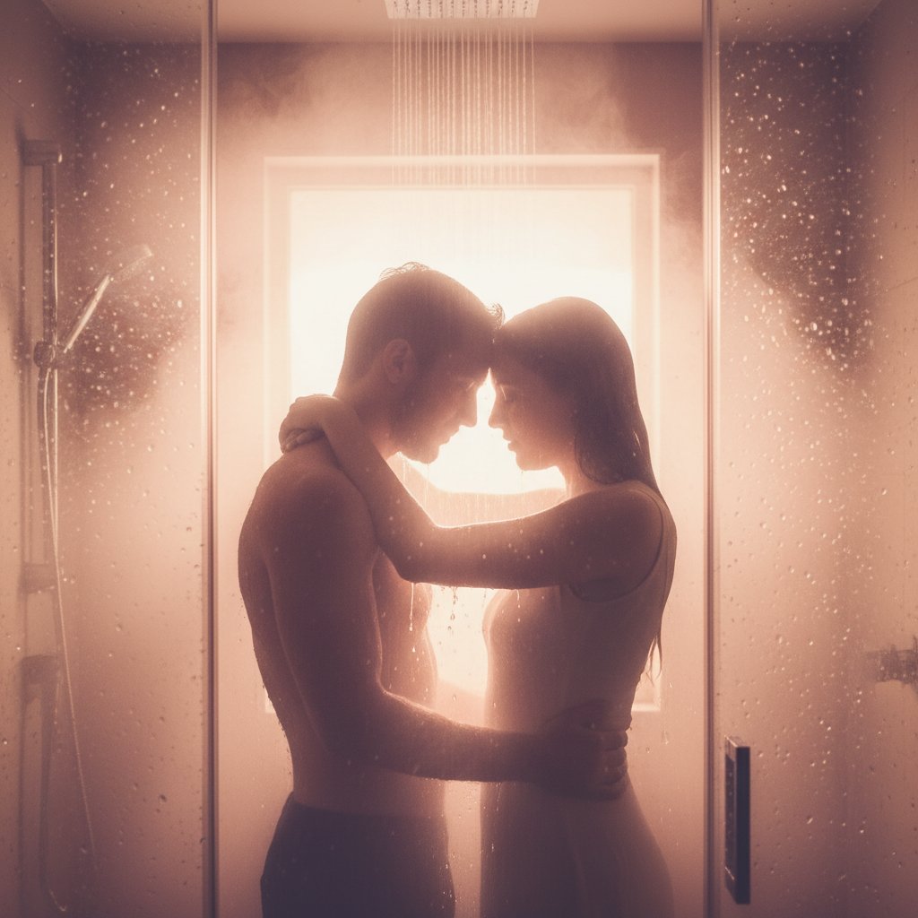 douche couple silencieuse rituel intime - deux silhouettes complices sous l'eau