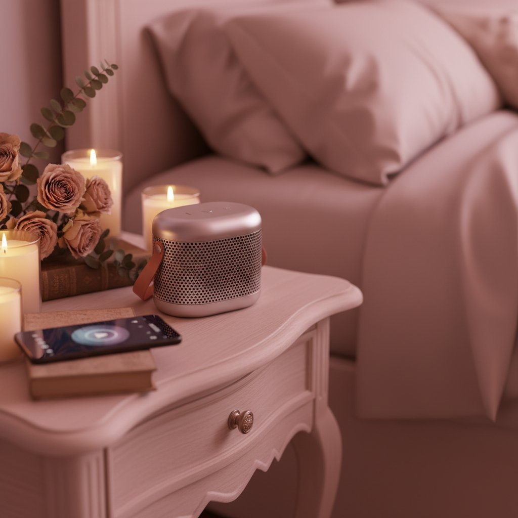 Enceinte Bluetooth chambre couple posée sur table de chevet avec bougies