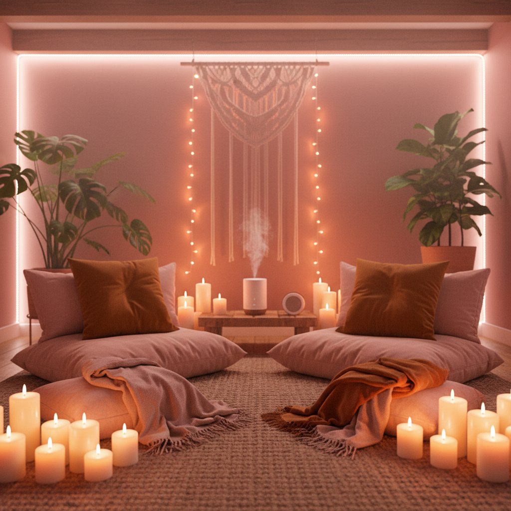 Fréquence alpha 10 Hz espace méditation couple - ambiance cosy avec bougies