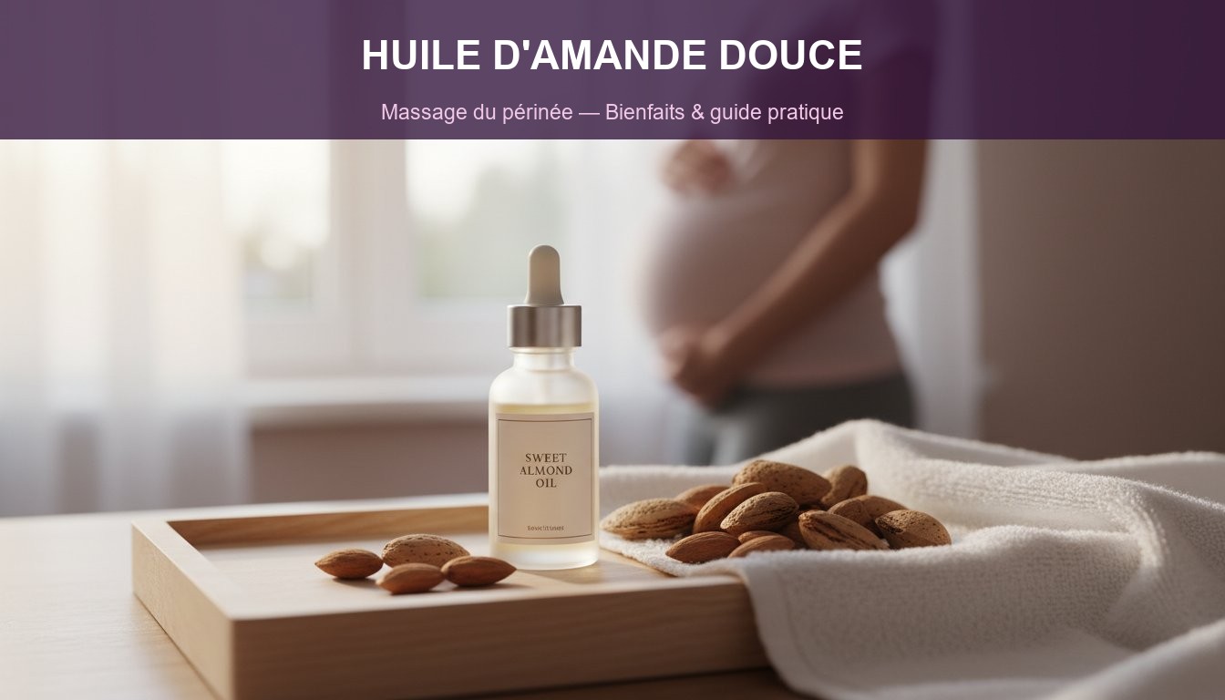 Huile amande douce massage périnée bienfaits - flacon et amandes