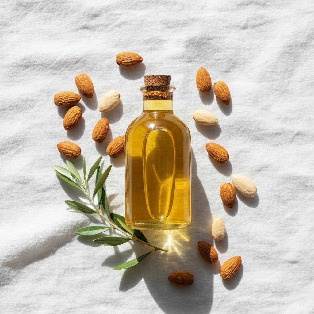 Huile amande douce massage périnée bienfaits - flat lay naturel