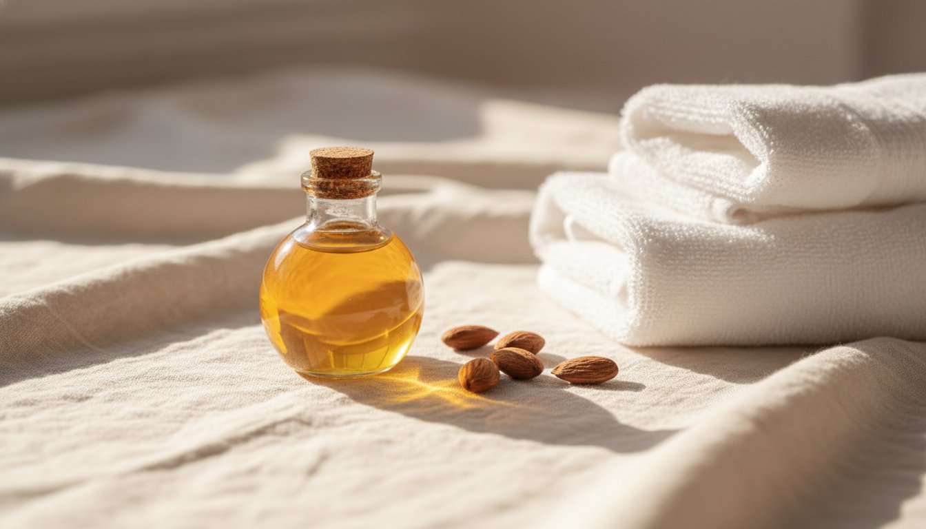huile amande douce post partum cicatrice - flacon et amandes sur linge doux