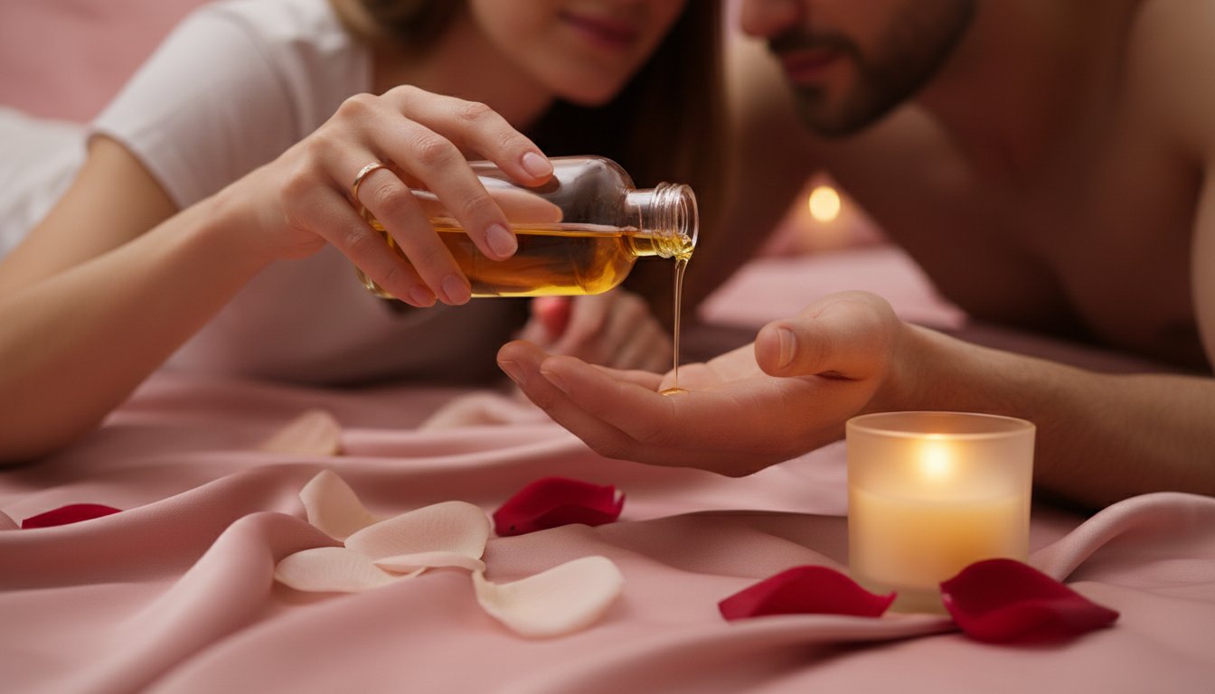 Huile massage choisir couple bienfaits - bouteille dorée, pétales de rose et bougies dans une ambiance intime