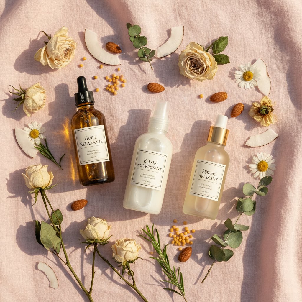 Choisir une huile de massage pour couple - sélection de bouteilles avec ingrédients naturels (amande, jojoba, fleurs)