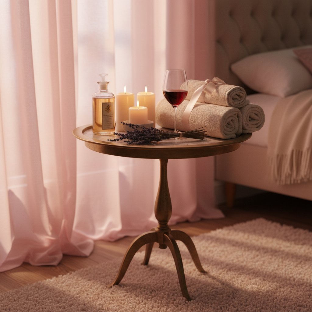 Rituel sensuel avec huile de massage choisir couple bienfaits - ambiance cosy bougies et bouteille