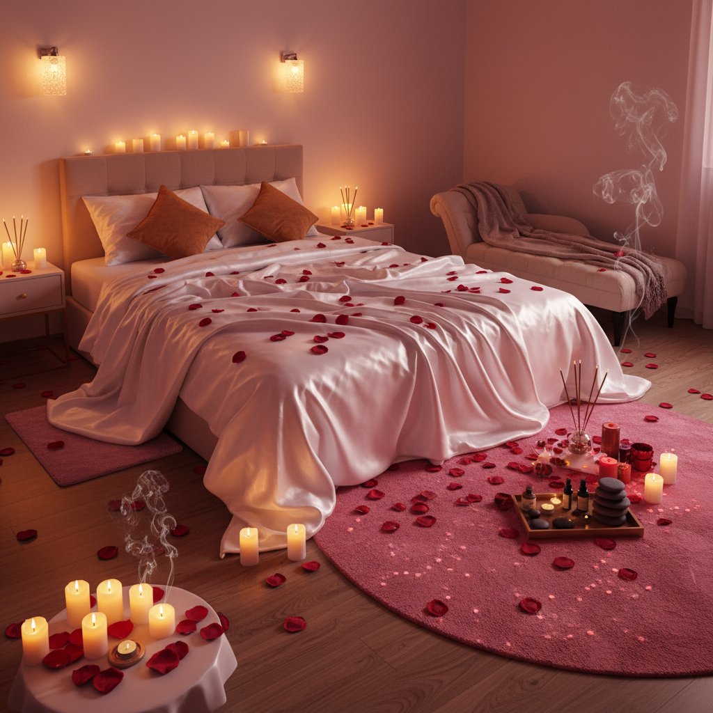 Huile massage tantrique couple guide pratique - chambre préparée pour rituel