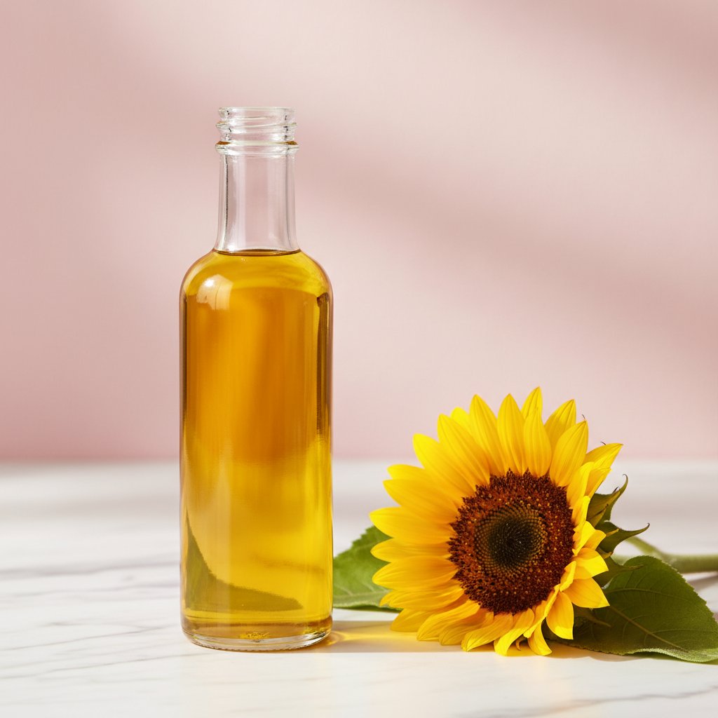 Huile massage tournesol intime - flacon de verre et fleur de tournesol