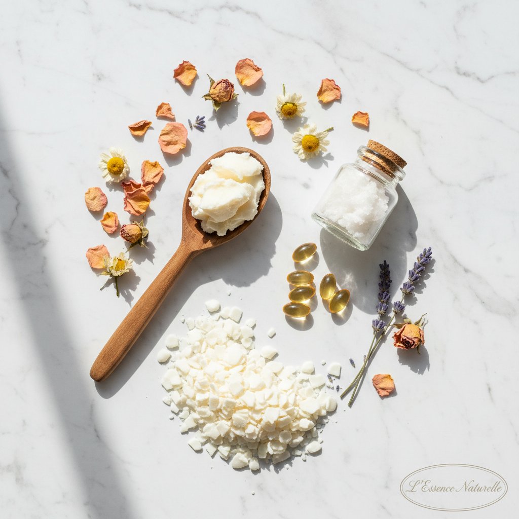 Ingrédients cosmétiques naturels - karité coco vitamine E cire de soja