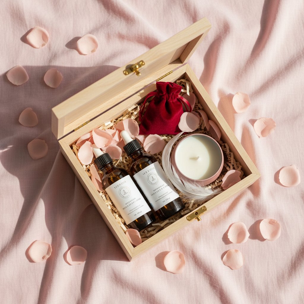 kit massage couple cadeau saint valentin idees - coffret romantique ouvert avec huiles bougie et accessoires