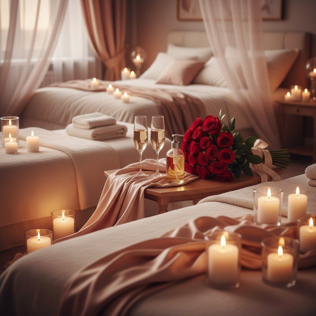 kit massage couple cadeau saint valentin idees - ambiance romantique aux bougies et roses