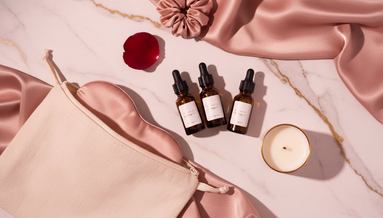 Kit voyage huile massage couple - flat lay flacons ambrés et pétales sur marbre rose