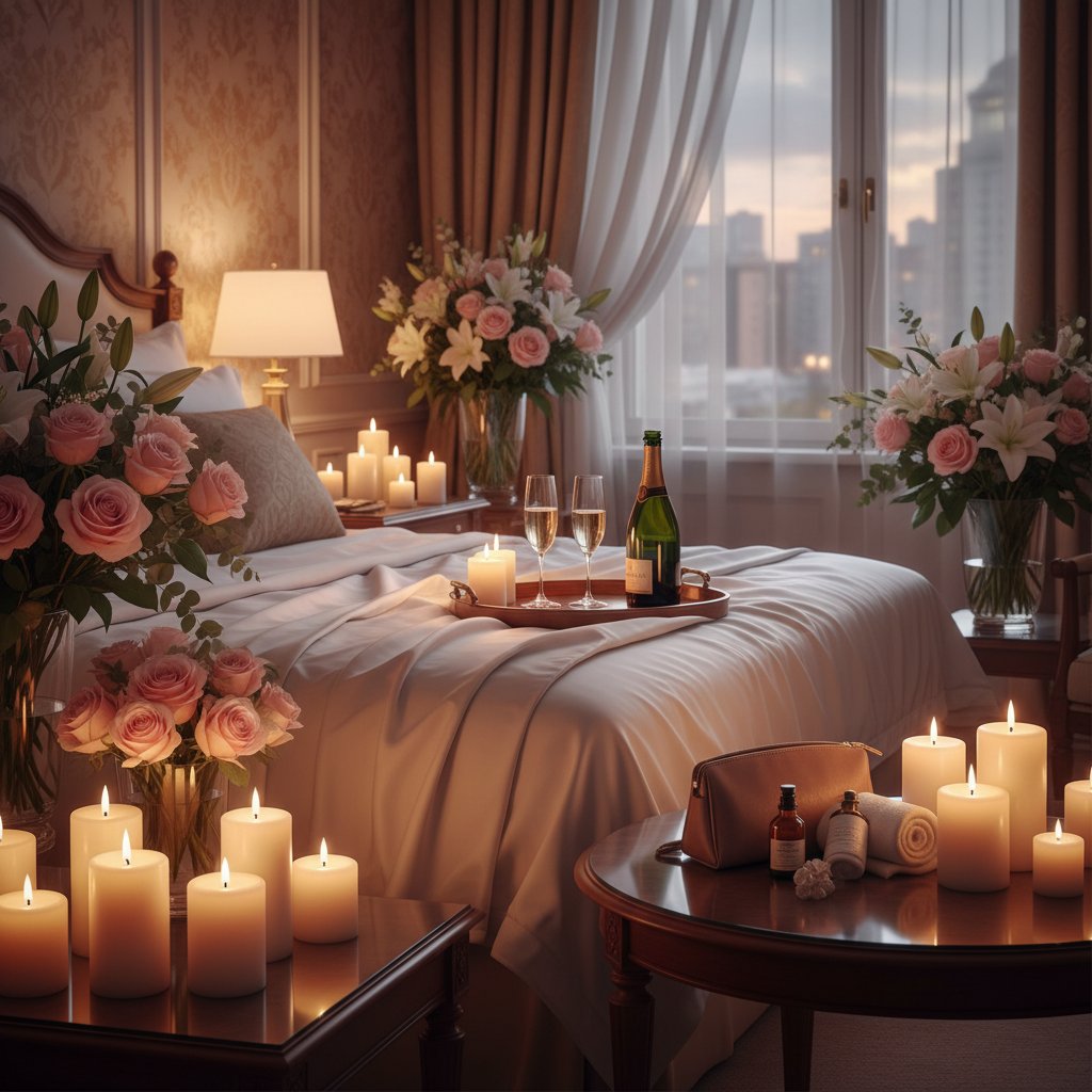 Kit voyage huile massage couple - ambiance romantique hôtel avec bougies et huile