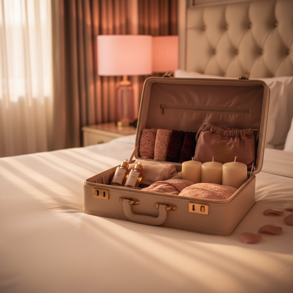 Kit voyage huile massage couple - valise ouverte avec flacons miniatures et accessoires sensuels