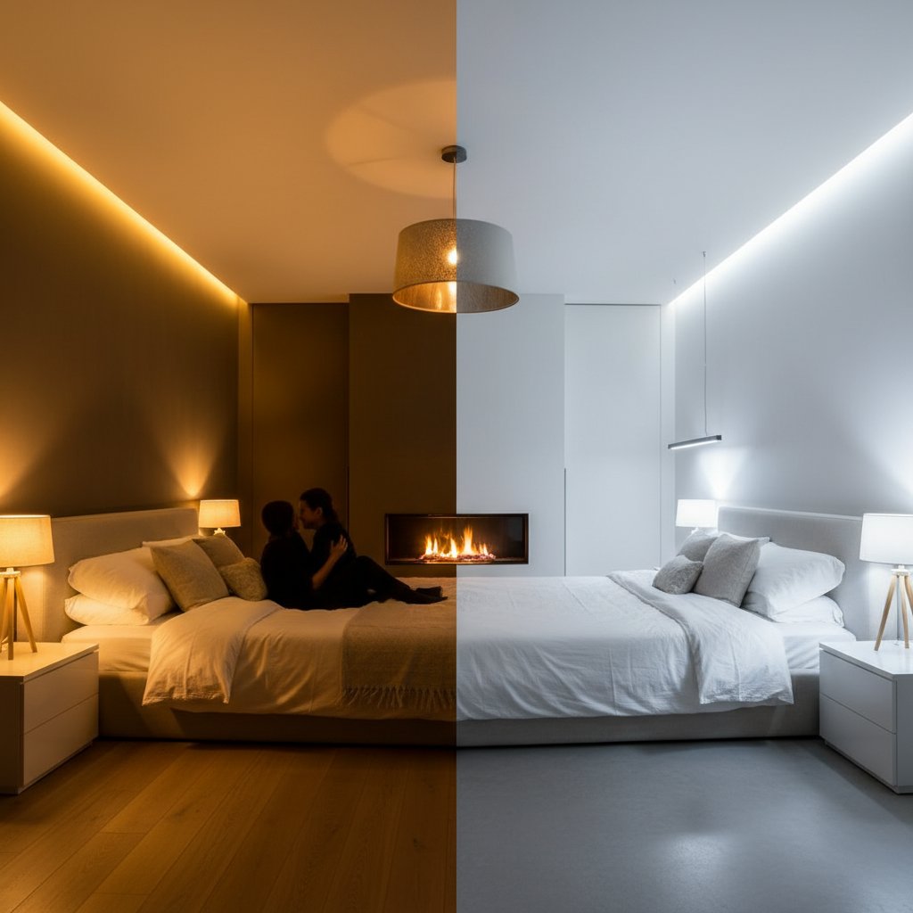 Lumière ambiance chambre couple - comparaison température de couleur chaude et froide