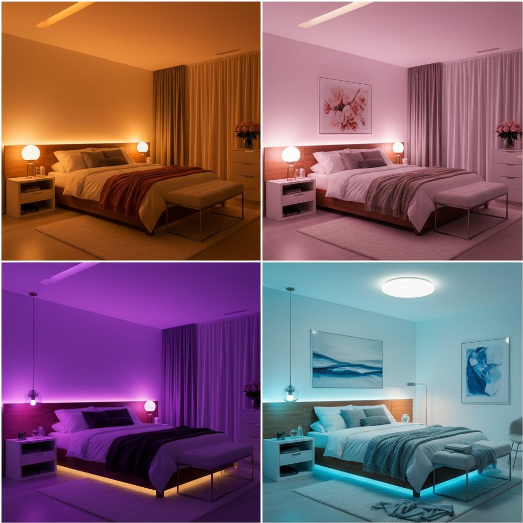 Lumière ambiance chambre couple - différents scénarios de couleurs ampoules connectées