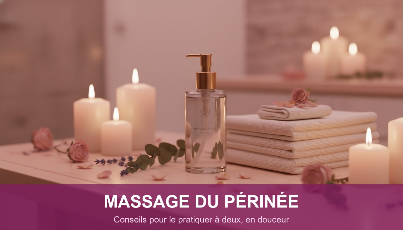 massage perinee partenaire conseils - huile de massage et bougies dans une ambiance apaisante