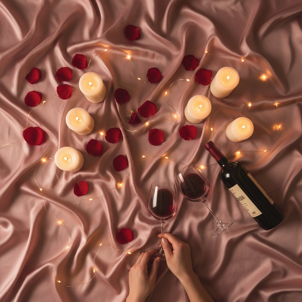 Playlist romantique couple intime ambiance - bougies, pétales et coupes de vin sur draps en soie