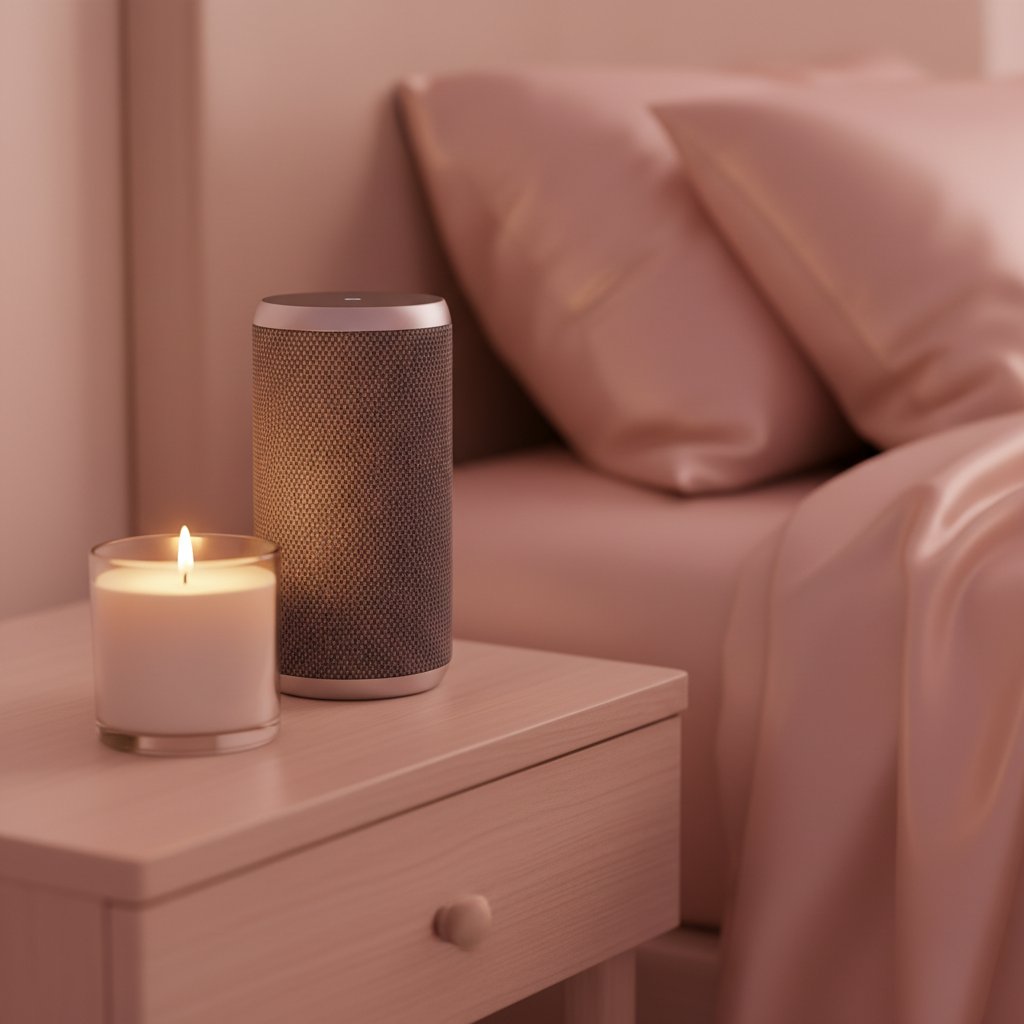 Playlist romantique couple intime ambiance - enceinte Bluetooth sur table de chevet en bois