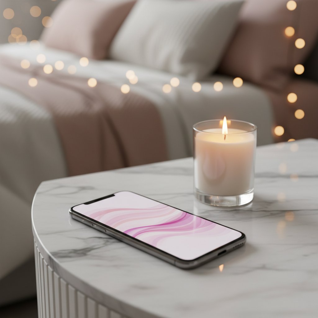 Playlist romantique couple intime ambiance - smartphone et bougie sur table de chevet