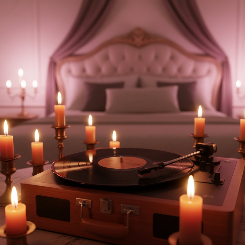 Playlist romantique couple intime ambiance - vinyle qui tourne aux chandelles