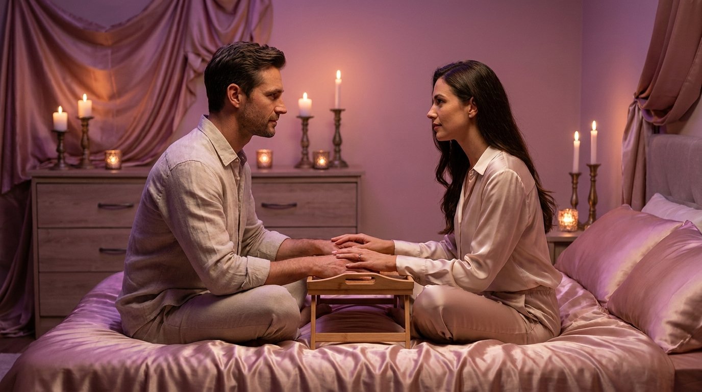 Regard eye gazing couple exercice tantrique - deux partenaires se regardent dans les yeux à la lueur des bougies