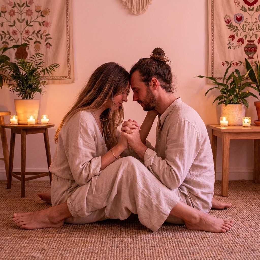 Regard eye gazing couple exercice tantrique - couple en posture yab yum, fronts proches à la lueur des bougies