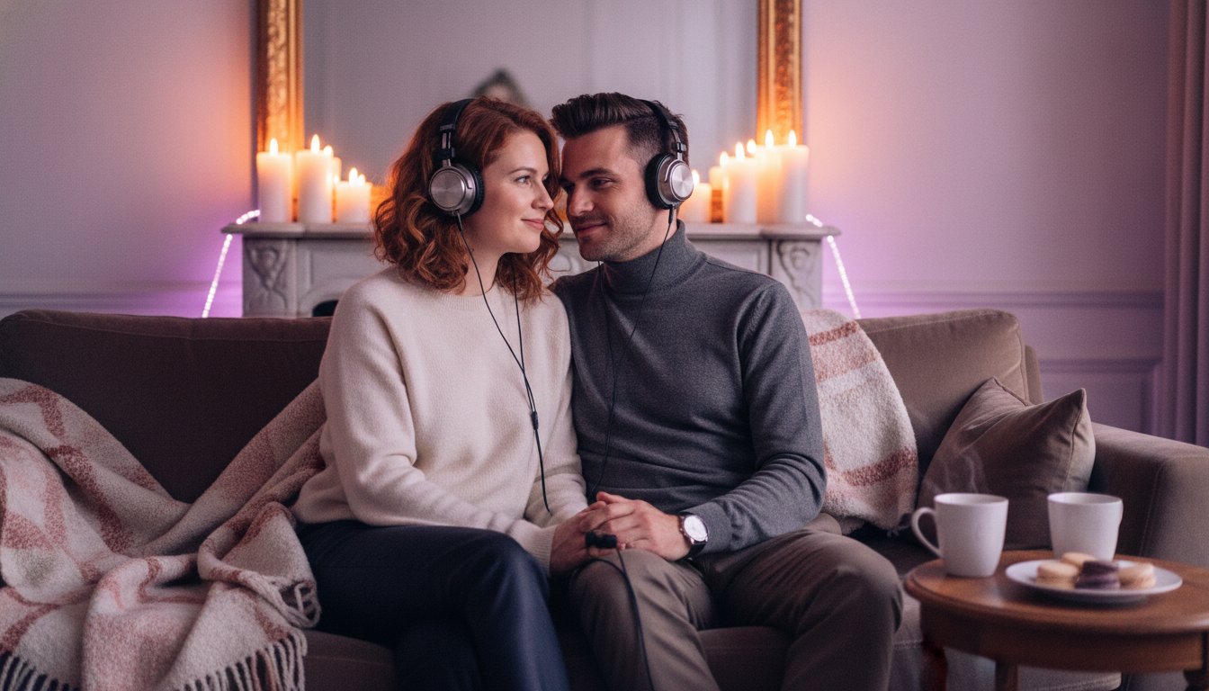 Splitter jack casque bluetooth ecoute partagee couple - un duo romantique partageant la musique au casque