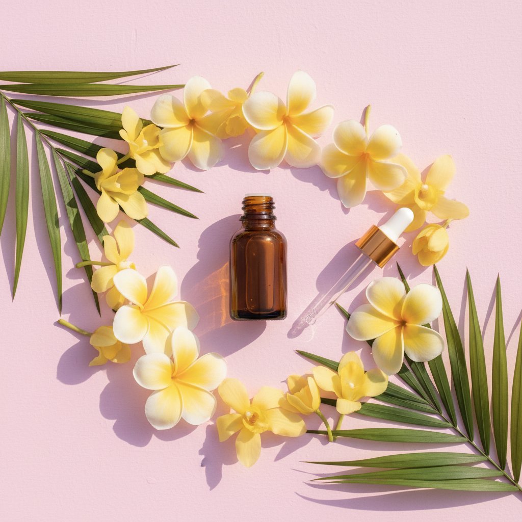 huile essentielle ylang ylang aphrodisiaque guide - flacon ambré et fleurs jaunes