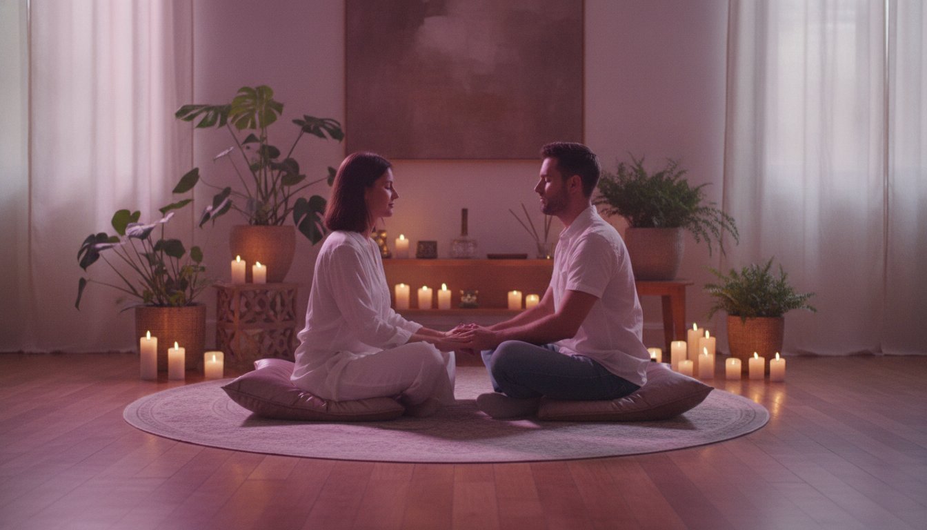 chakras couple alignement meditation - couple en meditation a deux a la bougie
