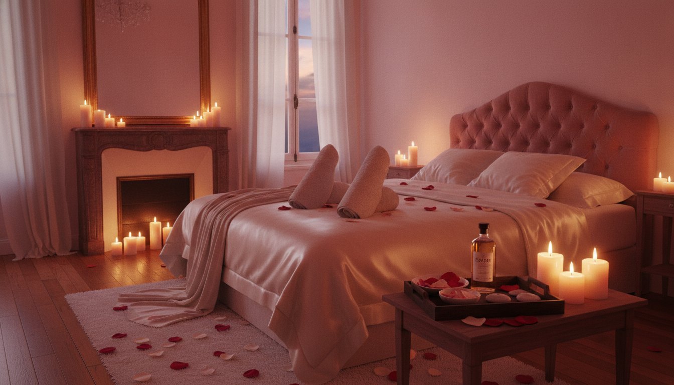 preparer chambre massage couple ambiance checklist - chambre tamisée avec bougies et huile de massage