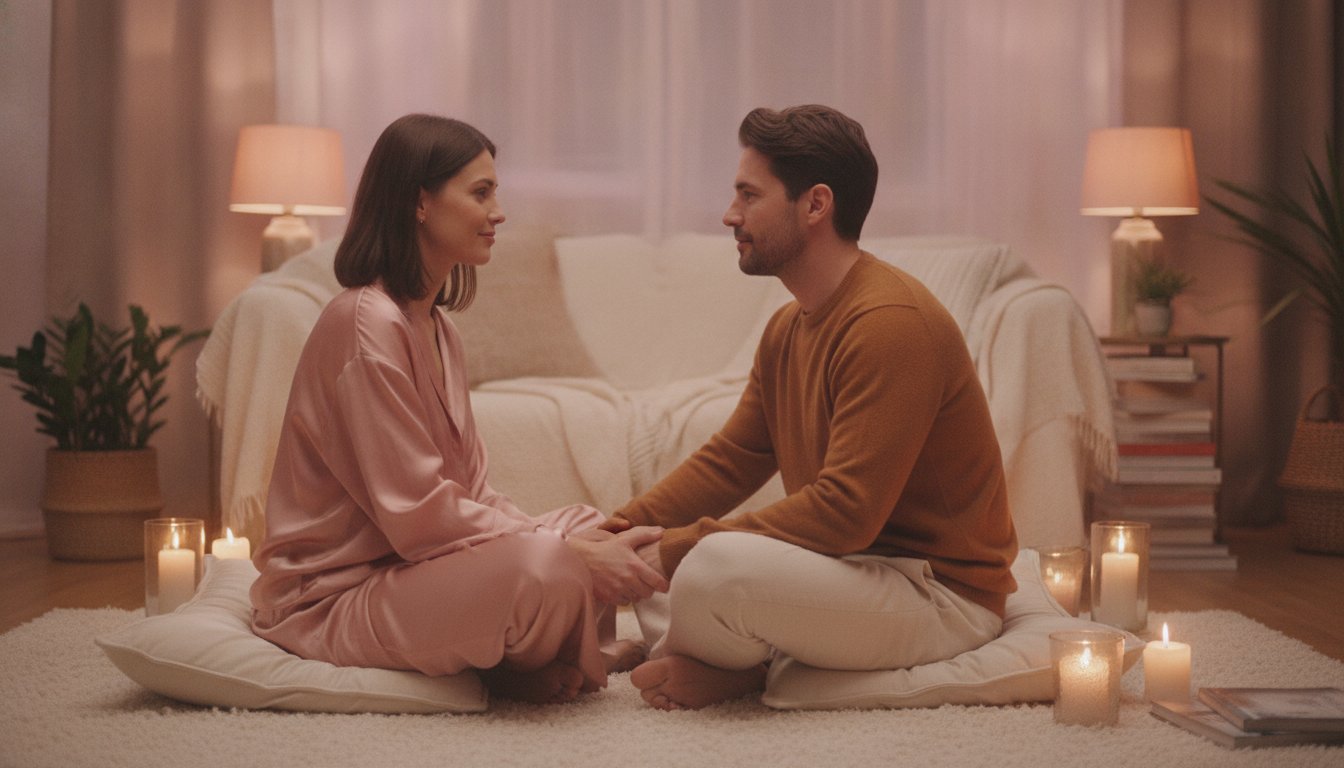 eye gazing couple exercices regard partage - couple face a face aux bougies