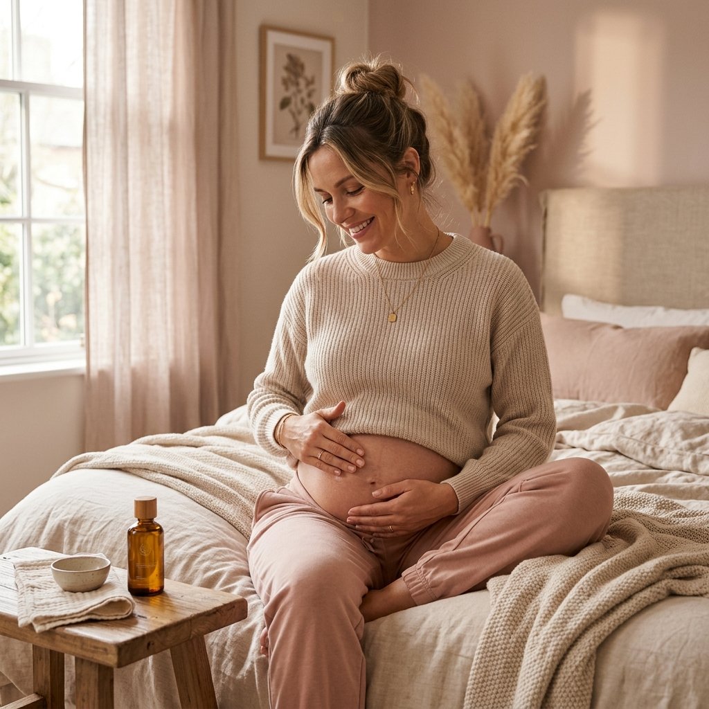 Femme enceinte prenant soin de sa peau avec une huile alternative douce