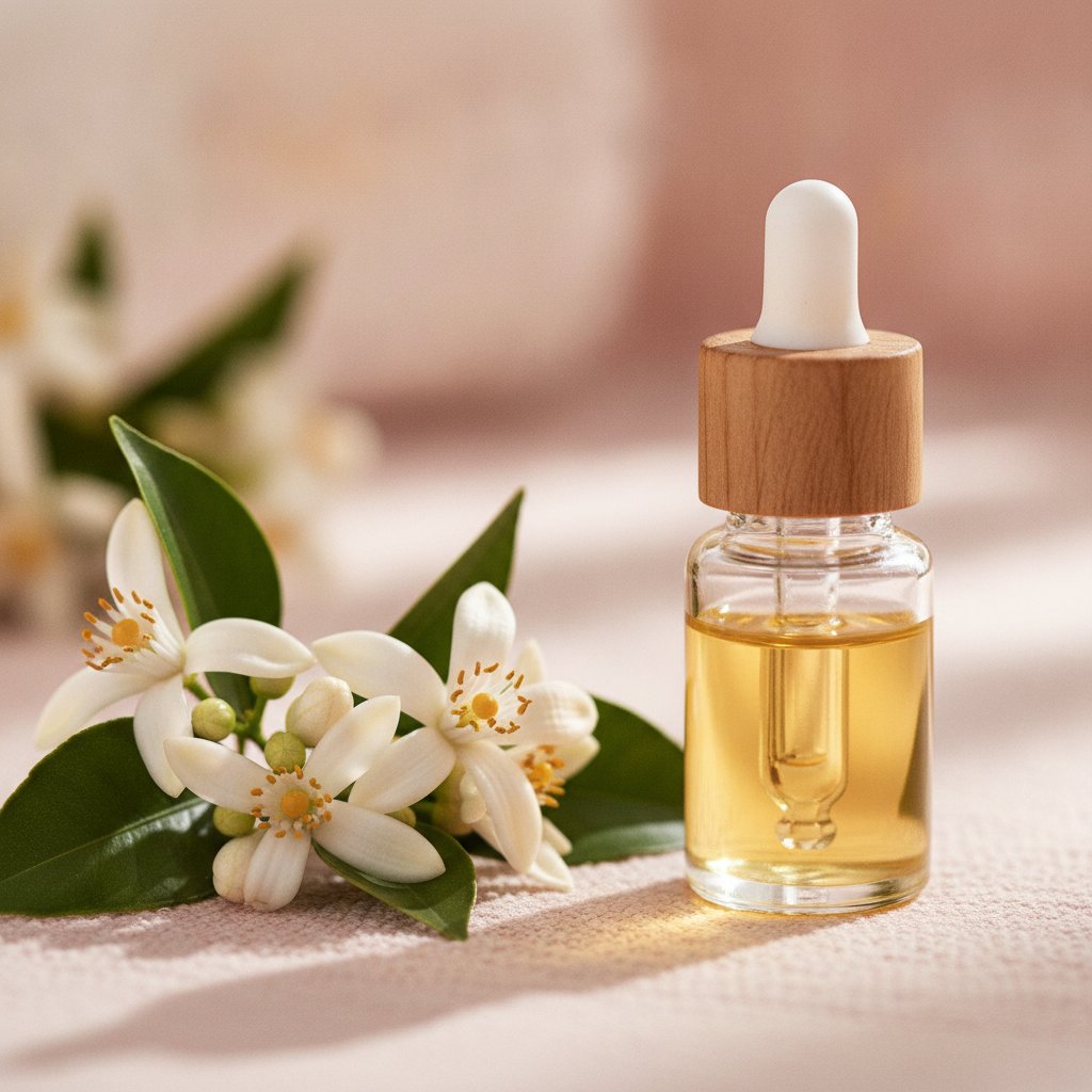 huile essentielle neroli libido femme - fleur d oranger amer et flacon compte-gouttes