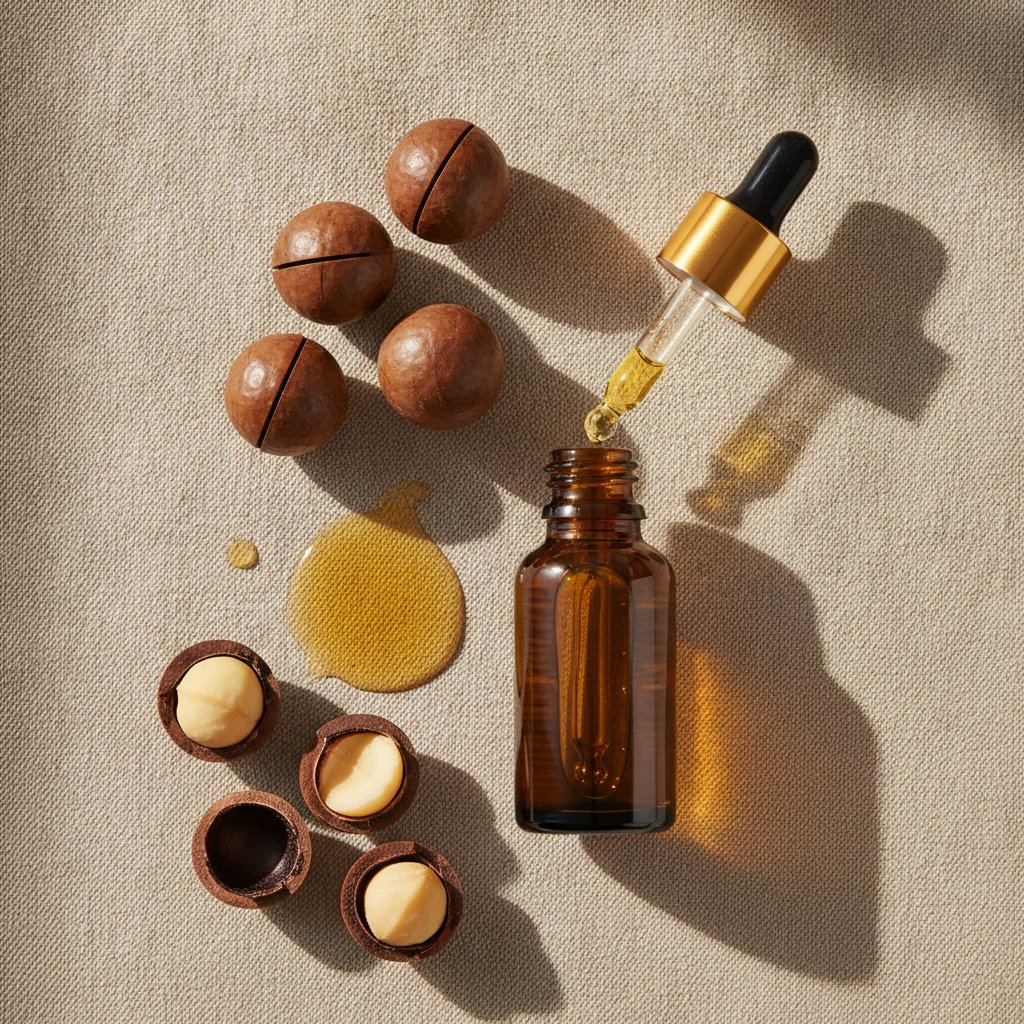 huile macadamia massage bienfaits choisir - flacon ambre et noix de macadamia
