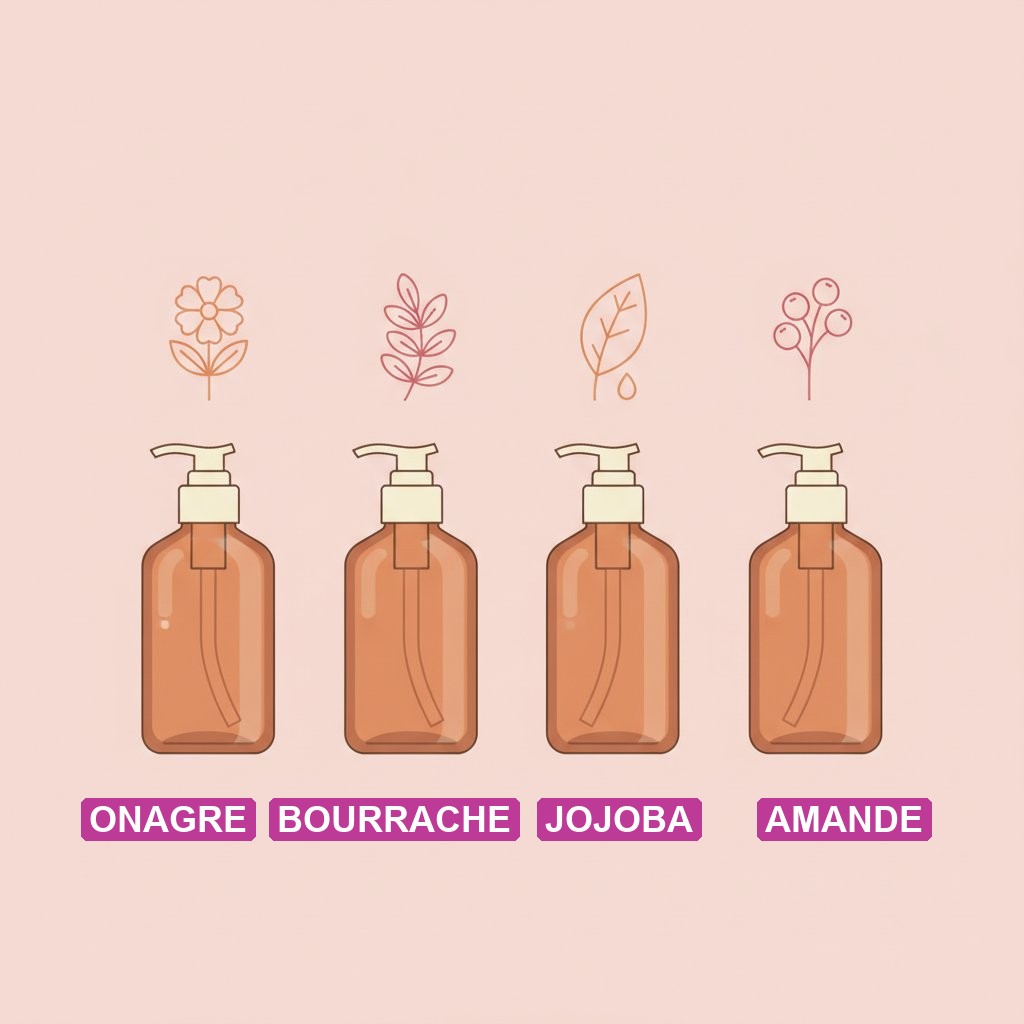 huile onagre soin intime feminin - comparatif huiles vegetales onagre bourrache jojoba amande