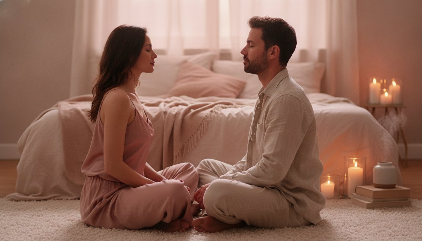 respiration ujjayi couple debutant guide - couple pratiquant la respiration synchronisee