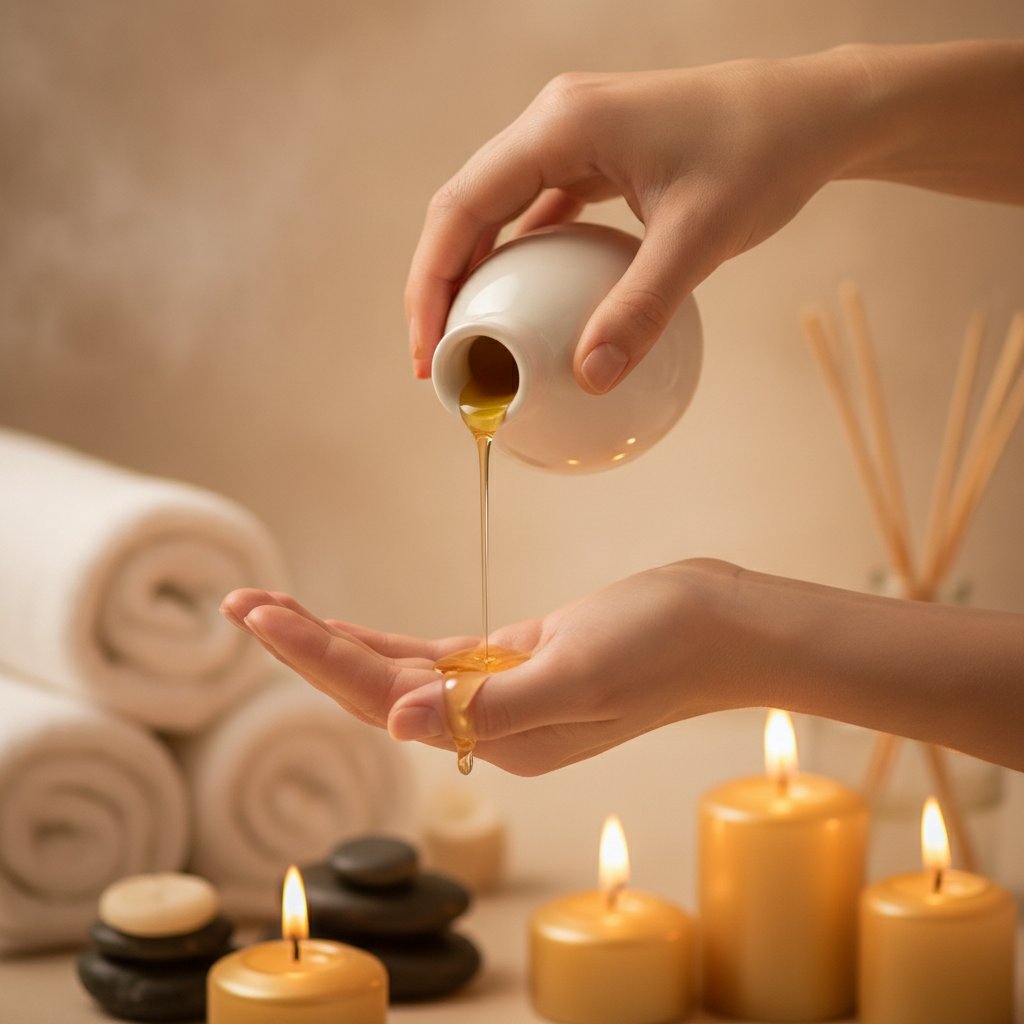 Tantra debutant rituel couple guide - huile de massage chaude versee dans les mains