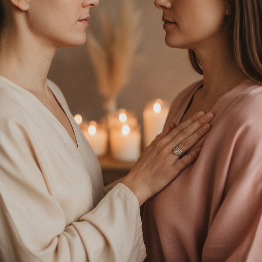 meditation couple pleine conscience exercices - main posée sur le cœur de l'autre, toucher conscient
