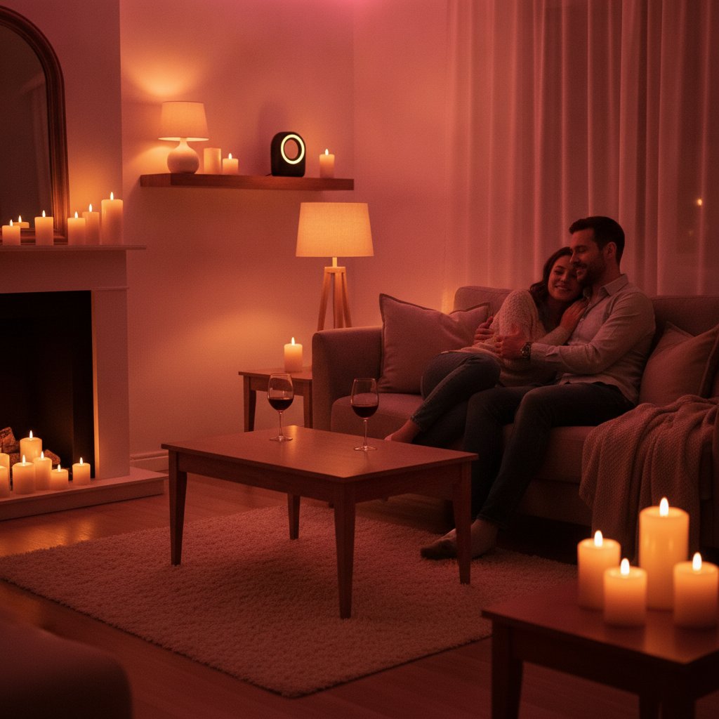 alexa routine soiree romantique automatisation - salon lumière chaude connectée