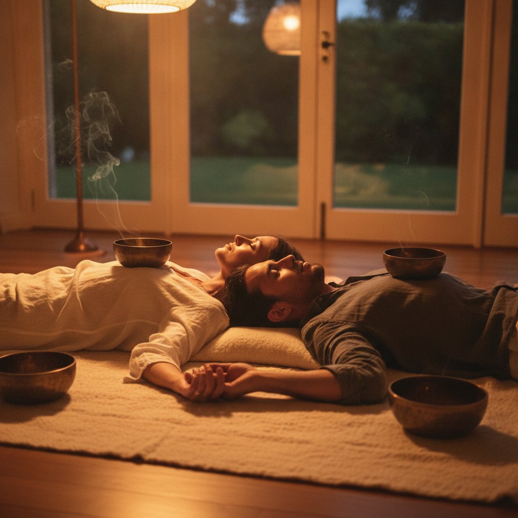 Bain sonore couple expérience relaxation - deux partenaires allongés avec des bols tibétains posés sur le buste