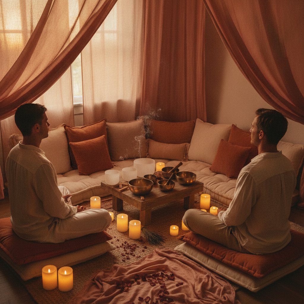 Bain sonore couple expérience relaxation - coin bien-être avec bols tibétains, coussins et bougies pour un rituel à deux