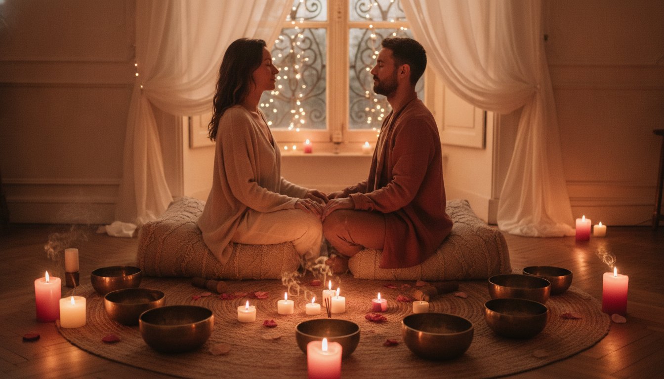 Bain sonore couple expérience relaxation - deux partenaires assis face à face entourés de bols tibétains et de bougies