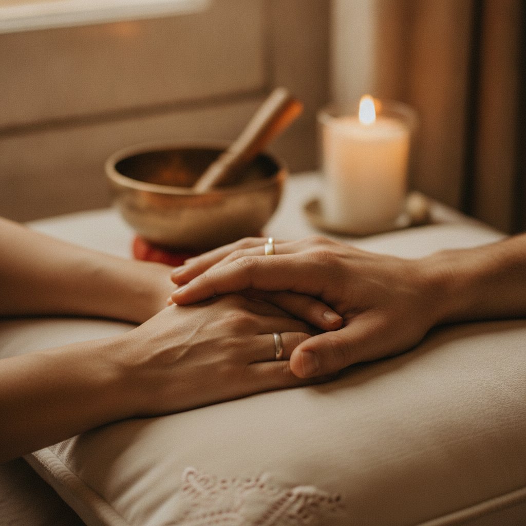 Bain sonore couple expérience relaxation - mains d'un couple entrelacées près d'un bol tibétain et d'une bougie