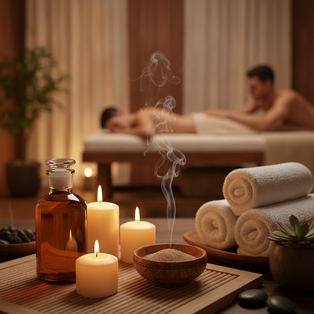 Bois de santal massage sensuel couple - ambiance spa avec huile et bougies