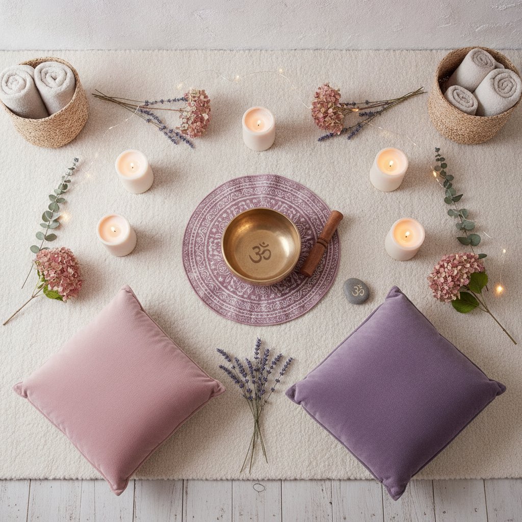 Bol tibétain couple méditation rituel - coin méditation avec bol tibétain, coussins et bougies