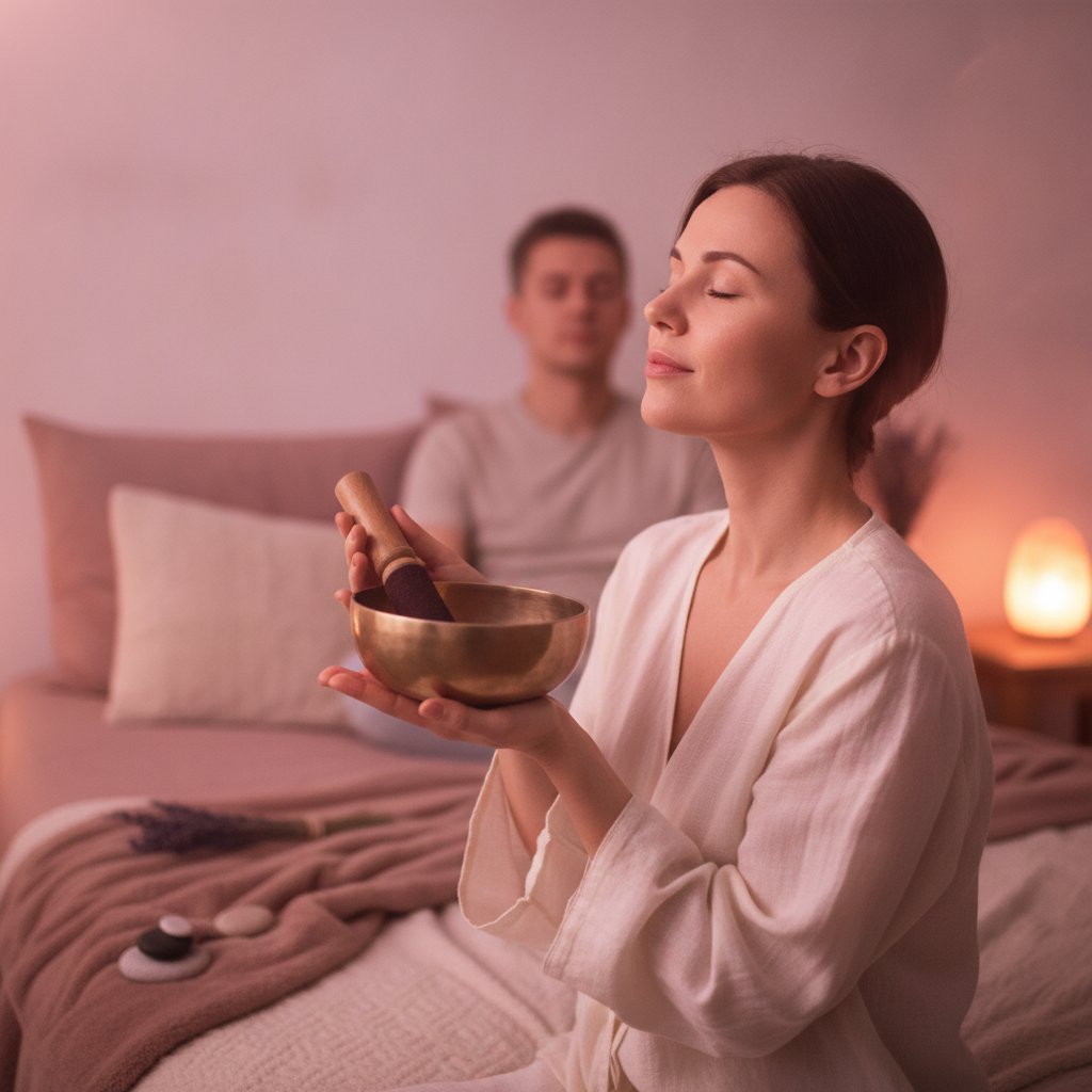 Bol tibétain couple méditation rituel - femme tenant un bol tibétain les yeux fermés, partenaire en arrière-plan