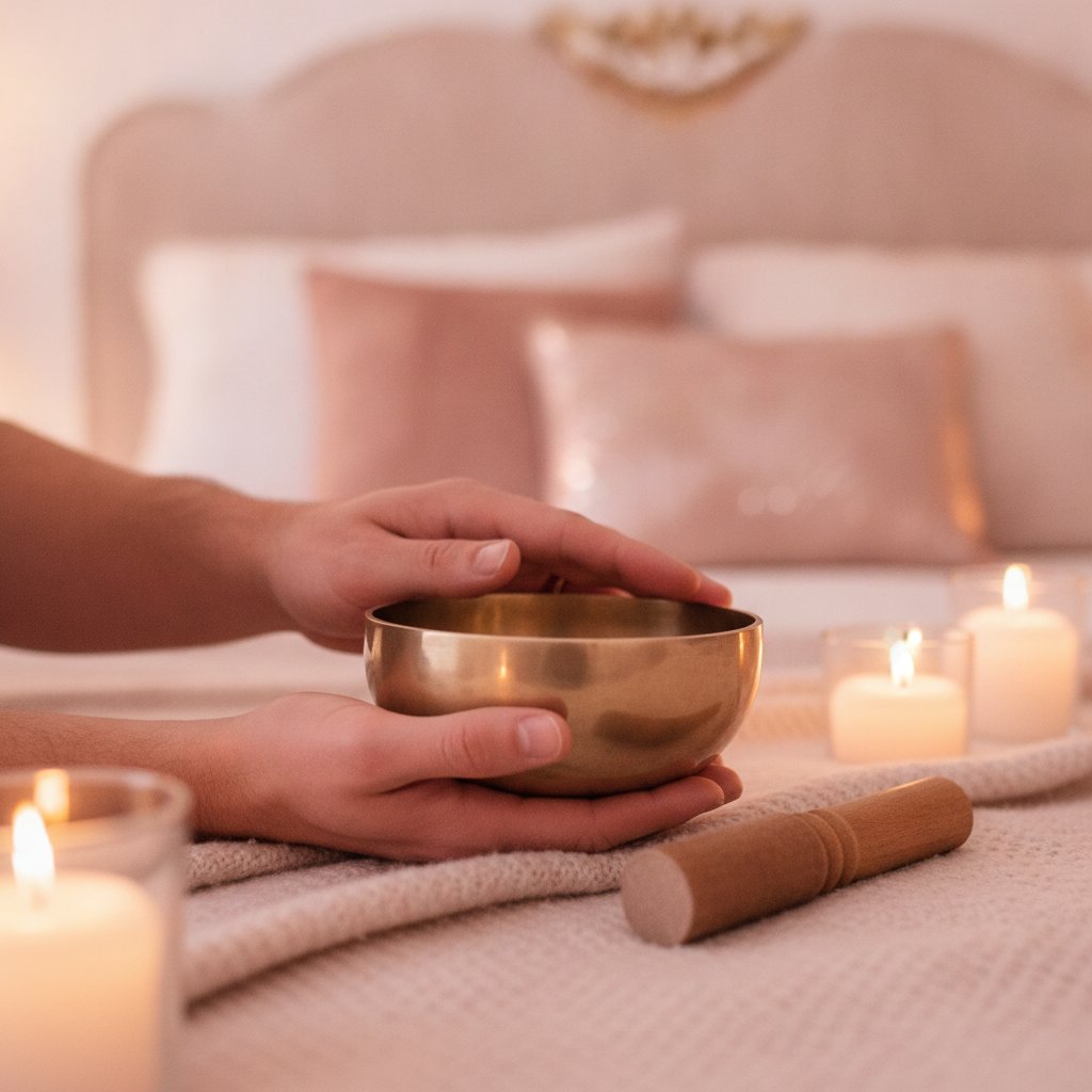 Bol tibétain couple méditation rituel - mains tenant un bol tibétain à la lueur des bougies