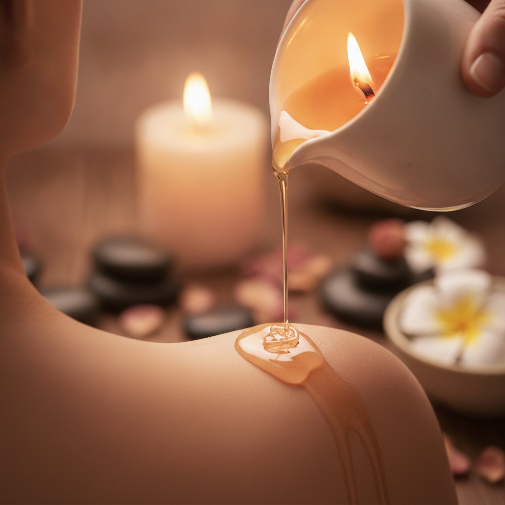 huile de coco fractionnee bougie de massage maison - huile tiede versee sur la peau