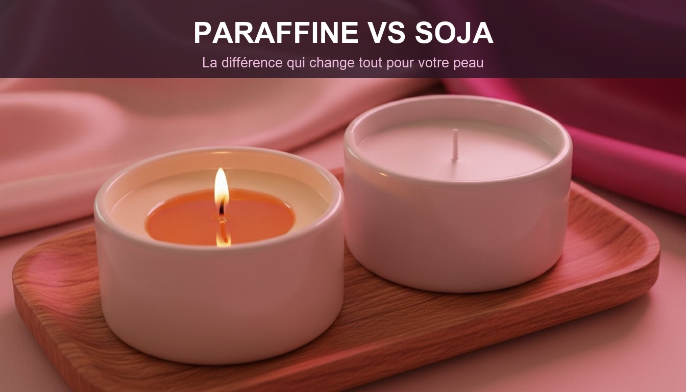 Bougie massage paraffine vs soja difference - deux bougies cote a cote sur un plateau
